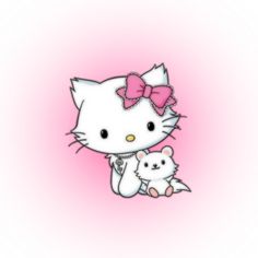 a hello kitty holding a teddy bear on a pink background