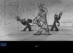 an animated scene with three people in the background and one person holding something up to his head