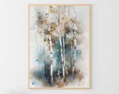 a watercolor painting of trees in the woods