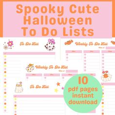 a halloween to do list with hello kitty on it and the title spooky cute halloween to do lists