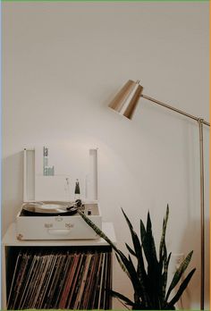 a record player sitting on top of a table next to a potted plant and lamp