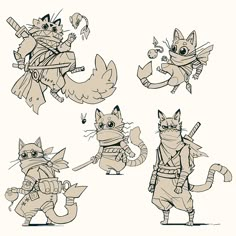 Characters Design Sketch, Cat Character Reference, Dnd Cat Character Design, Cat Ninja Character Design, Bipedal Cat Character, Ninja Cat Drawing, Anthromorphic Cat Character Design, Kitten Character Design, Ninja Cartoon Character Design