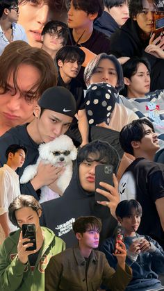 the collage shows many different people taking pictures with their cell phones and one person holding a dog