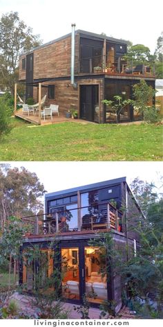 two pictures side by side with the same house in different stages and one has an open floor plan