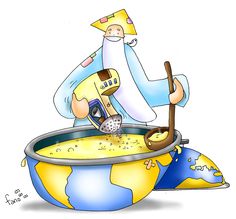 an image of a man cooking food in the bowl on top of the world map