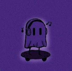 a cartoon character with headphones on top of a small object in front of a purple background