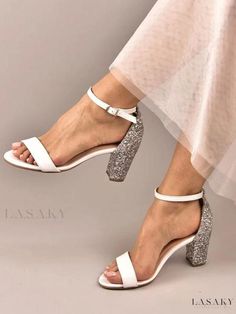 Lasaky - Elegant White Sequined Bridal Sandals with Open Toe and Delicate Sequin Embellishments White Bridal Sandals, Embellished Wedding Shoes, Open Shoes, Thigh High Stiletto Boots, Gold Wedding Shoes, White Wedding Shoes, Elegant High Heels, Bridal Sandals, Open Toe High Heels