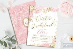 two pink and gold birthday cards with flowers