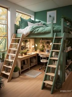 there is a loft bed with stairs to the top and desk below it in this room