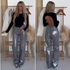 Size S / 27 / Eur 36 / Us 4 / Mex 26 Size L / 29 / Eur 40 / Us 8 / Mex 30 Trendy Metallic Wide Leg Jeans, Metallic Jeans Outfit, Zara Glitter Jeans, Silver Jeans Outfit, Metallic Jeans Zara, Trendy Metallic Full-length Pants, Coated Jeans Outfit, Chic Full-length Metallic Pants, Jeans Pants Outfit