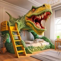 a child's bedroom with a large dinosaur bed and yellow ladder to the ceiling