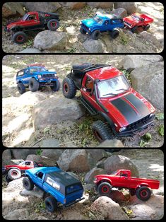 four different pictures of toy trucks on rocks