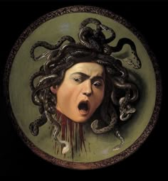 a painting of a woman with her mouth open and snakes around her head on a green plate