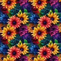 an image of colorful flowers with leaves on it's sides, all in different colors