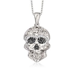 Ross-Simons - .10ct t. w. Black, White Diamond Sugar Skull Pendant Necklace. 18". Spooky - but make it stylish! This sugar skull pendant necklace shines with a bold mix of white and black diamond accents in black rhodium, for a total weight of .10 carats. Perfect for the Halloween season, sugar skulls are also a meaningful motif popular in Mexican culture and folk art. Crafted in polished sterling silver and suspended from a box chain. Springring clasp, diamond sugar skull pendant necklace. Diam