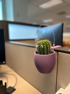 an office cubicle with a potted cactus hanging from it's side