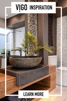 a bathroom with a bowl sink and wooden counter top next to a toilet in the background