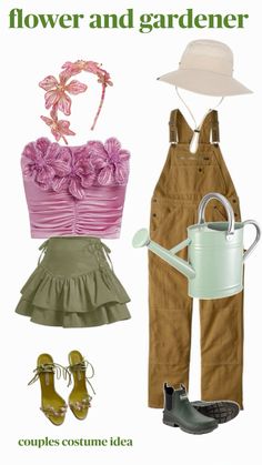 a woman's clothing and accessories are arranged in the same style, including an apron, hat, watering can, boots, and flowers