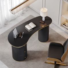 a black and gold desk with a chair next to it on a carpeted floor