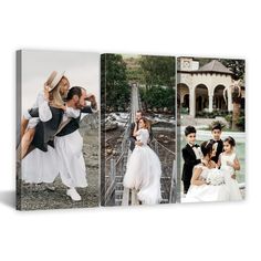 three different pictures of people in wedding dresses and tuxedos on the same photo