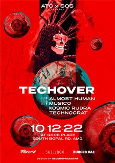 the poster for techover is shown in red and black