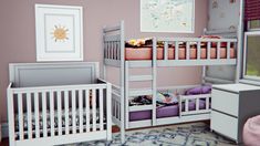 a child's bedroom with pink walls and white furniture