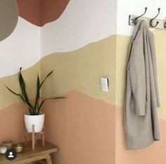 a potted plant sitting on top of a wooden table next to a coat rack