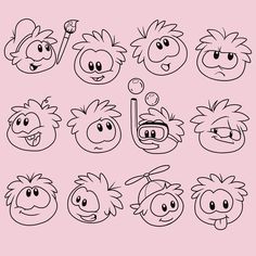 cartoon faces drawn in black and white on a pink background