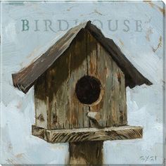 a birdhouse painted on a canvas with the word birdhouse written in white letters