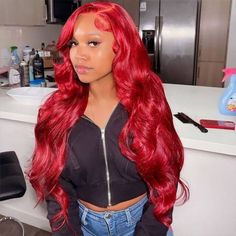 Model with vibrant red body wave Ishow glueless wig, featuring 13x4 pre-cut HD lace front and baby hairs, seated in a stylish room. Glamorous Hair, Lace Fronts, Colored Wigs, Body Wave Wig, Body Wave Hair, Lace Hair, Lace Closure Wig, Front Lace Wigs Human Hair, Red Hair Color