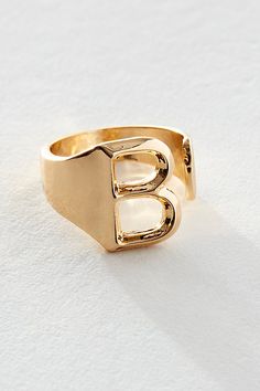 So shiny letter-shaped ring featured in an oversized silhouette with a wide, open band. **Features:** Letter-shaped silhouette, shiny distressed metal finish, wide band in an open-style **Why We | Name On Your Heart Ring by Free People in Gold Letter Ring, Open Letter, Oversized Silhouette, Wide Bands, Womens Jewelry Rings, Boho Outfits, Heart Ring, Jewelry Accessories, Free People