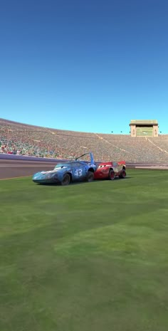 two race cars racing on the track in front of an empty stadium full of people