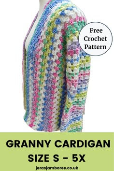 A colourful granny cardigan is styled on a mannequin showing the side view Granny Square Stitch Cardigan, Crochet Jacket Patterns Free, Crochet Sweater Jacket, Crochet Granny Square Cardigan Plus Size Pattern, Block Stitch Hexagon Cardigan, Free Crochet Jacket Patterns For Women, Granny Stitch Crochet Pattern, Granny Stitch Projects, Granny Stripe Cardigan Pattern Free