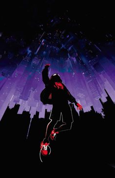 a person jumping in the air on a skateboard with buildings in the background at night