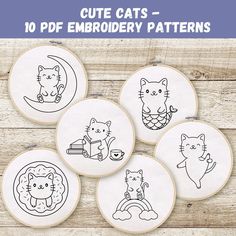 four embroidery patterns with cats on them and the text cute cats - 10 pdf embroidery patterns