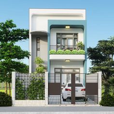 a car is parked in front of a two story house with balconies on the second floor