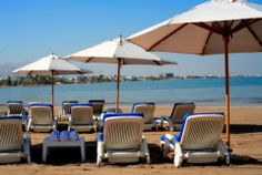 beach chairs and umbrellas are lined up on the sand near the water's edge