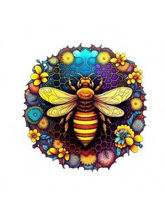 a drawing of a bee surrounded by flowers and bees on it's back side