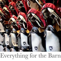 there are many pairs of shoes hanging on the wall with text that reads everything for the barn