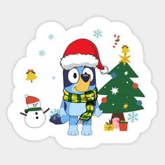 a penguin wearing a santa hat and scarf next to a christmas tree with a snowman