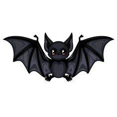 a black bat with red eyes sitting on top of it's back legs and wings