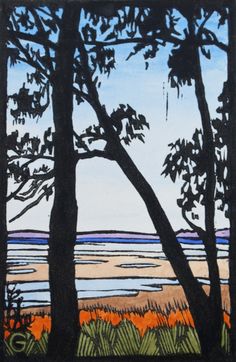 a painting of trees and water in the background