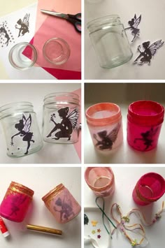 several pictures of jars with fairy images on them and some crafting supplies next to each other