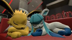 two pokemon stuffed animals sitting next to each other on a red couch in front of a neon sign