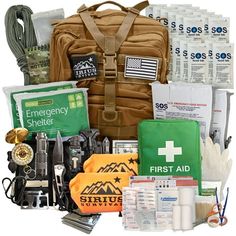 an emergency bag is shown with medical supplies