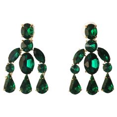 A glamorous pair of Emerald-esque chandelier earrings. Earrings are beautiful faux emerald green crystals set in a gold-tone metal. A beautiful pair to dress up or down. Excellent condition as shown. No issues. Measuring 1.19" Width x 1.75" Long. White onyx English box shown available separately, search 1stDibs ref. #: LU1314217012942 For Italian green onyx box shown, search 1stDibs ref. #: LU1314240218542 For Italian large link bracelet shown search ref. #: LU4068223231942 Earring Video, Pink Heart Necklace, Turquoise Earring, Diamond Chandelier Earrings, Heart Necklaces, Crystal Dangle Earrings, Coral And Gold, Yellow Gold Setting, Gold Choker