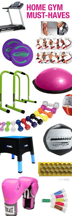 an advertisement for the home gym must - haves, including exercise equipment and accessories