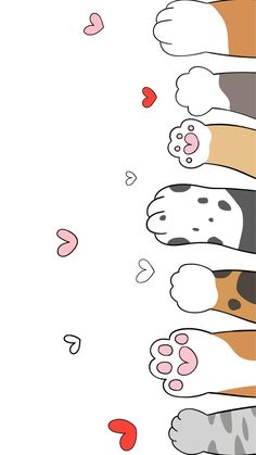 a group of dogs with hearts on them and one dog has his paws up in the air