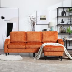 an orange couch sitting on top of a rug in a living room next to a book shelf