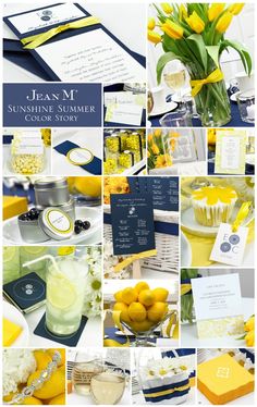 a collage of photos with yellow and blue accents